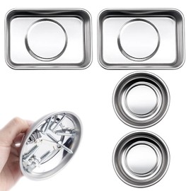 2-Piece Magnetic Tray, Magnetic Parts Tray Set for Mechanics and DIY, Stainless Steel Magnetic Screw Tray with Strong Hold, Round and Rectangle Tool Trays (10cm Dia, 9.2x6.5cm)