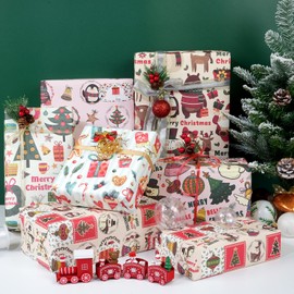 Christmas Wrapping Paper Sheets, Pink Recycled Kraft Wrapping Paper with Stickers, 6 Sheets Xmas Gift Wrapping Paper, Assorted 6 Designs Classic Wrapping Paper for Christmas New Year Holiday, 70x50CM.