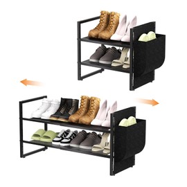 Shoe Rack with Side Pocket, Expandable 2-Tier Mesh Shoe Organizer for Closet, Adjustable Width 17.7"-29.3", Stackable Metal Shelf for High Heels, Entryway & Small Space, Black