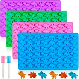WARM TIME Gummy Dinosaur Candy Molds Silicone, Gummy Molds with 2 Droppers, Non-Stick Silicone Fruit Snack Moulds BPA Free, Set of 4