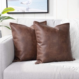 YAERTUN Set of 2 Faux Leather Decorative Throw Pillow Covers Modern Solid Outdoor Cushion Cases Luxury Pillowcases for Couch Sofa Bed 24x24 Inches Dark Brown