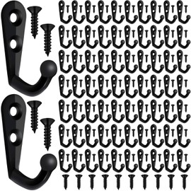 100 Pieces Double Hole Wall Mounted Single Hook Robe Hooks Coat Hooks and 210 Pieces Screws for Cloakroom, Clothes, Hat, Scarf, Bags, Keys, Shoes, Coffee Cup Holder, Homemade Wardrobe (Black)
