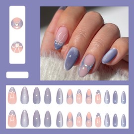 Blue Cat Eye Press on Nails Medium Almond Summer Glitter Fake Nails with Bow 3D Rhinestones Design Nude False Nails French Tip Nails Acrylic Nails Cute Glue on Nails for Women 24Pcs