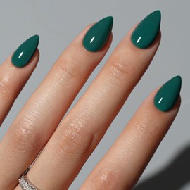KQueenest Dark Green Press on Nails Short Almond, Short False Nails Press ons, Sheer Emerald Green Fake Nails Medium Stiletto, Glossy Opaque, Reusable Soft Gel Stick on Nail for Women, 30 Pcs