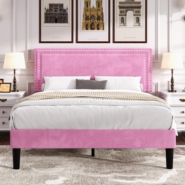 VECELO Queen Size Bed Frame with Adjustable Upholstered Headboard, Wooden Slats Platform, Noise-Free Design, Easy Assembly