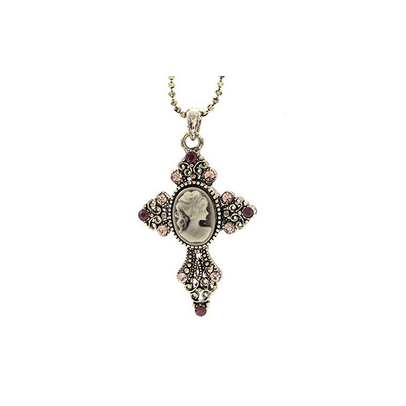 Soulbreezecollection Brown Cameo Christian Cross Pendant Necklace Charm Fashion Jewelry