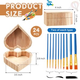 Taiyin Unfinished Heart Box Unpainted Wooden Treasure Chest with Art Brushes Wood Heart Shaped Natural Pine Box with Hinged Lid for DIY Craft Making Storage Jewelry(12 Pcs)