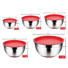 TeamFar Mixing Bowls with Lids Set, 7/3.5/2.5/1.5/1 QT, Stainless Steel Large Red Nesting Metal Salad Mixing Bowl Set of 5, Healthy & Easy Clean, Airtight Lid & Non-slip Bottom