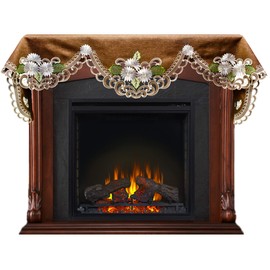 Embroidered Fireplace Mantel Scarf with White Daisy on Brown Linen and Cut Work 19 W x 90 L