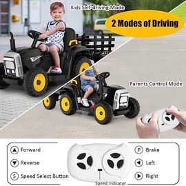 Fireflowery Kids Ride on Tractor, 12 V Battery Power Wheels w/Remote Control & Detachable Trailer, Electric Tractor Toy w/USB & Bluetooth Audio Music, 3-Gear-Shift, Safety Belt, Black