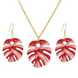 WCRAZYE Palm Leaf Earrings and Necklace Set for Women Lovely Bohemian Enamel Green Tropical Monstera Leaves Dangle Drop Statement Earrings Simple Monstera Plant Pendant Necklace Summer Holiday Beach Jewelry (Red)