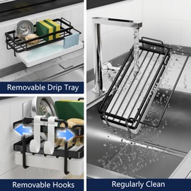 FOXWHALE Küche Spülbecken Organizer Schmal mit Abtropfschale & 2 Halter, Wand Hängend Spüle Organizer Ohne Bohren Selbstklebend Waschbecken Organizer für Küchenzubehör Schwamm/Bürste/Spülseife