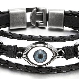 COOLSTEELANDBEYOND Mens Womens Three-Row Leather Black Evil Eye Beads Charms Bracelet Wrap Bracelet Wristband(CA)
