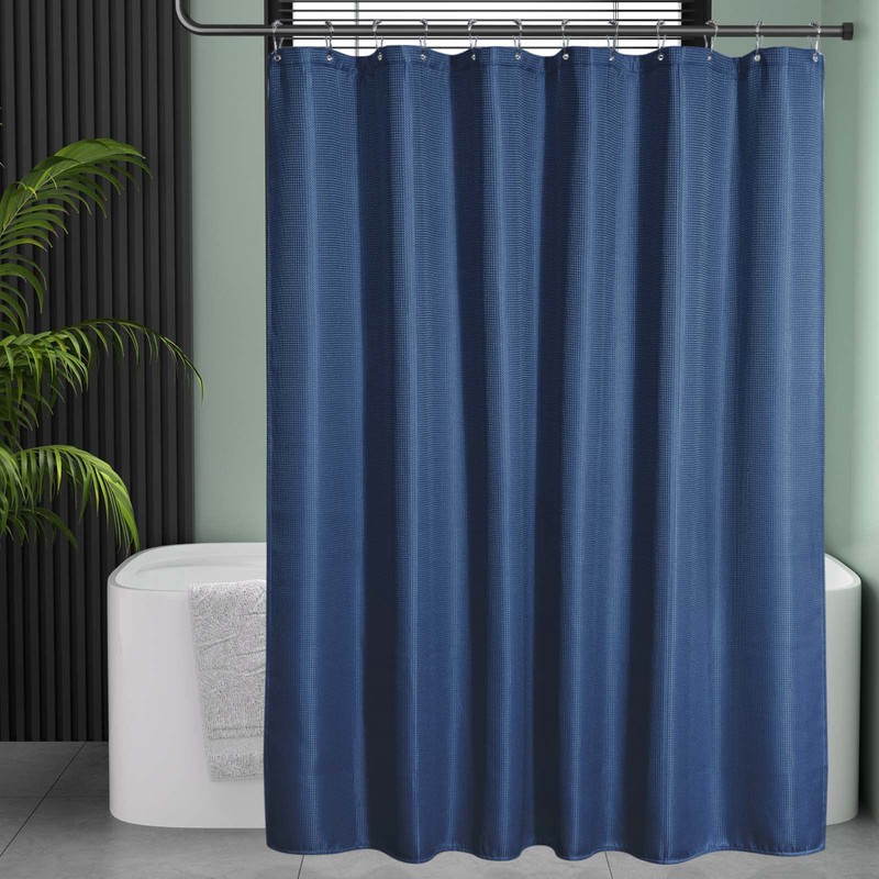 AmazerBath Waffle Shower Curtain, Navy Blue Fabric Shower Curtain with