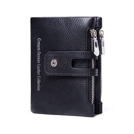 Contacts Mens Genuine Leather Bifold Double Zipper Coin Pocket Purse Wallet, Black, One Size