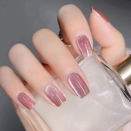 XZMeiLun Cat Eye Pink Press On Nails Short Medium Square, Designer Reusable Acrylic Fake Nails with Glue, Glossy Soft Gel Nails Wedding and Party, Stick On Glue On Nails, Nails Press Ons for Women