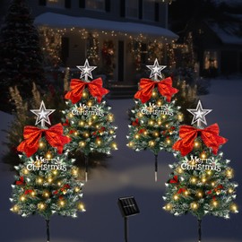 TAILERRI Christmas Tree Solar Pathway Lights Outdoor Decor, 4 Pack, Snowy