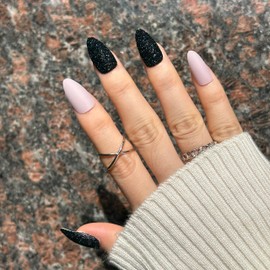 BABALAL Almond Press on Nails Medium Fake Nails Purple and Black Glue on Nails Stiletto Glitter Acrylic Nails 24Pcs Bling False Nails with Glue
