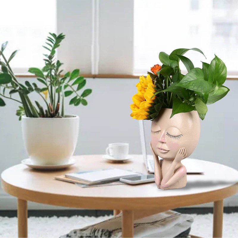 Unique Head Plant Pot with Drainage Hole Resin DIY Face