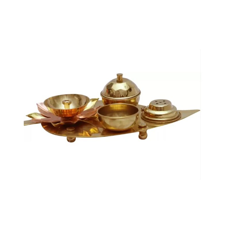 Brass Leaf Shape Platter Plate with Attached Diya Agarbatti Holder