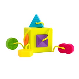 Fat Brain Toys OombeeCube, Toddler and Baby Toys 10 Months and Up, Travel-Friendly Shape Sorter with Tethered Shapes for Early Learning