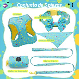 MESVIER Arnés para Perro Chico Mediano con Correa, Collar, Bandana, Bolsa, Pechera para Perro Cachorro Sin Tirones para Caminar Viajar Entrenar, Conjunto de Accesorios para Perros (Azul, XS)