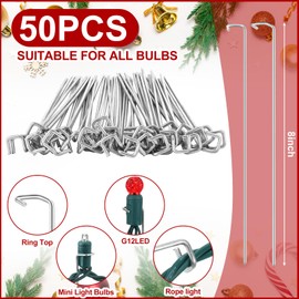 Hicarer 50 Pack Christmas Light Stakes 8 Inch Metal Lawn Stakes for Christmas Yard Lights LED String Lights Ground Stakes for Christmas Lights Outdoor Garden Lawn Pathway Patio Walkway Decorations