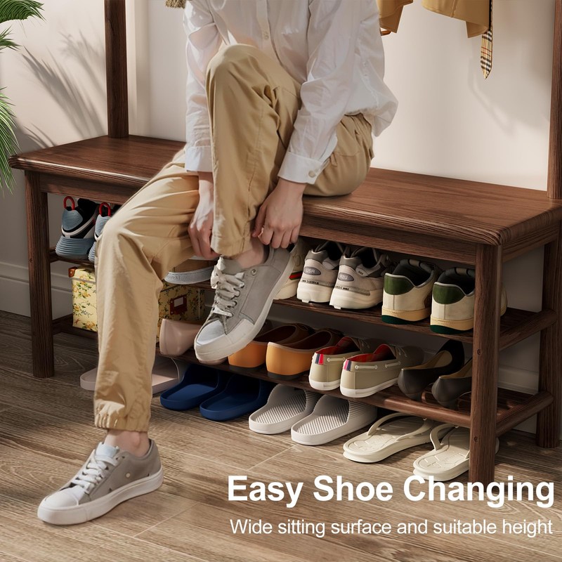 AQIMUELE Hall Tree, Coat Rack with Shoe Storage, Wooden Hall