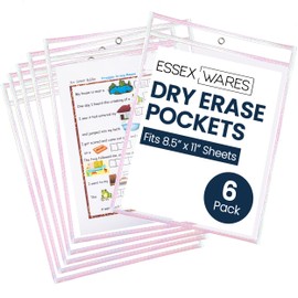 Essex Wares - 6 Pack, Shimmer, Dry Erase Pocket Document Protectors, 10" Wide x 13.5" Tall - Dry Erase Clear Plastic Sleeves - Reusable Plastic Invoice Holders, Water-Resistant & Durable