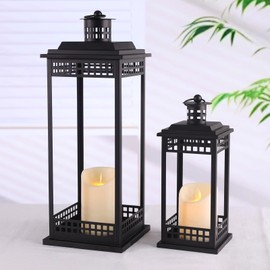 Lanttu Vintage Lanterns Decorative Indoor, 17'' 11'' Set of 2 Black Candle Lantern Decor, Lanterns Decorative for Retro Living Room, Mantel, Patio, Porch, Garden, Balcony, Wedding Tabletop Lantern
