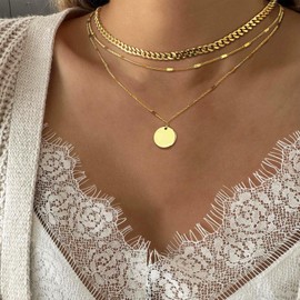 Feskive Layered Necklaces for Women Dainty 14k Gold/Silver Plated Stackable Choker Necklaces for Women Trendy Cuba Cross Circle Pendant Necklaces Set Jewelry Gifts for Women