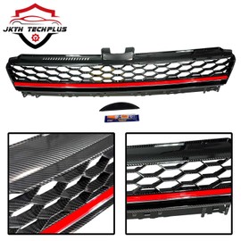 JKYH TECHPLUS Front Grille Honeycomb w/RED TRIM Carbon Fiber Print For 2015-2016 VW MK7 Golf GTI, ABS Plastic Front Bumper Grill Hood Mesh