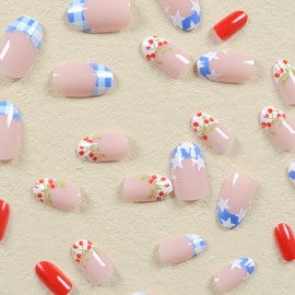 24 Pcs Oval Press on Nails Short Fake Nails Nude Pink Stick on Nails with White Pentagram Red Cherry Designs Glossy French Nails for Women Girls 4th of July Independence Day Manicure Decorations