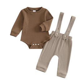Ledy Champswiin Newborn Boy Clothes Baby Overalls Outfit Solid Long Sleeve Romper with Suspender Pant Infant Boy Fall Set (Brown, 3-6 Months)