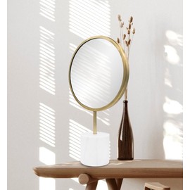 Howard Elliot Bogna Round Table Top Mirror with Stand, Table Desk Vanity Makeup Mirror with Stainless Steel Antique Brass Frame & White Marble Base, Modern Accent Mirror, Gold, 17 x 10.5 Inches