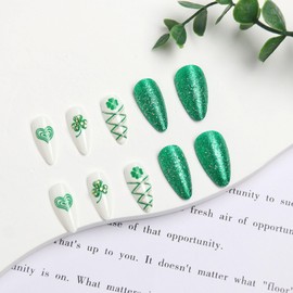 BFY Green Shamrock Press on Nails Medium Almond St Patrick's Day Fake Nails, Shiny Rhinestones Clover Acrylic Nails, Irish Glitter Green Glossy Gel False Nails Kit Stick Glue on Nails Tip, 24 Pcs