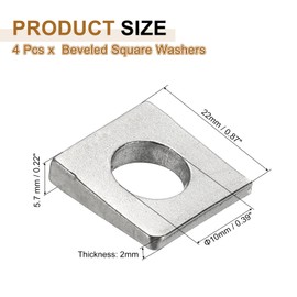 PATIKIL 4pcs Beveled Square Washers, M10x22mm Square Beveled Washers Bearing Strut Plate Flat Pad Spacer 304 Stainless Steel for 10mm Bolts Wedge Shim Leveling Fastener Nut Gasket, Silver