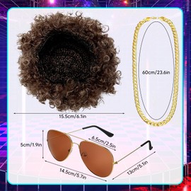YUNHENTONG Men's Wig 70s 80s 3 Pieces with Gold Chain Sunglasses Brown Hippie Wig Carnival Wig Afro Wig for Carnival Party 70s Outfit Men's Hippie Costume Accessories