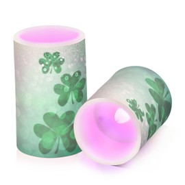 YETTASBIN St. Patrick's Day Clover Flameless Candles with Remote Control and Timer, Adjustable Brightness Long Lasting Battery Operated LED Pillar Candles for Indoor Outdoor Party Home Decor, 2 Pack