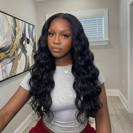 V Part Wig Water Wave Half Wigs for Black Women, Upgrade U Part Synthetic Loose Wavy Wig, Wear & Go Glueless Wig Beginner-Friendly V Shape No Sew No Leave Out Clip (Black 1B, 22 Inch)
