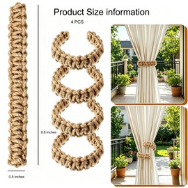 CXY 4 Pack Linen Brown Curtain Tiebacks No Drilling Decorative Curtain Holdbacks, Curtain Ties for Indoor Outdoor Drapes Car Shades Tent Net Boho Home Window Decor