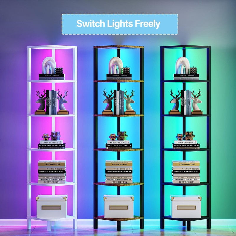 TUTOTAK Corner Shelf with LED Light, 6-Tier Corner Bookshelf for