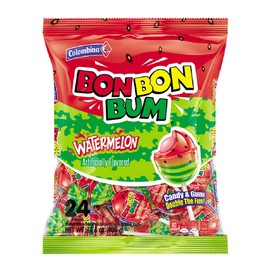 Colombina Colombina Bon Bon Bum Lollipops w/Bubble Gum Center, Watermelon Flavor, Individually Wrapped, Ideal for Party Favors and Gifts, 1 Pack (24 Count)