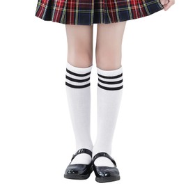 PONCEAU Kids cotton knee high football soccer socks school uniform socks Stripped socks for girls boys Toddler for 1-3T White - black stripes