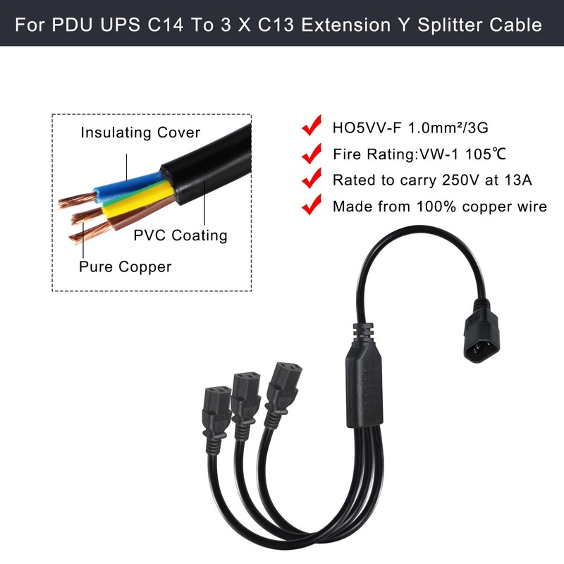3 Way Splitter 3X C13 to C14 Power Cord Split