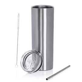 Maxam 20 Ounce Double Wall Vacuum Insulated Skinny Tumbler - Tall & Slim Stainless Steel Drink Canister with Straw & Clear Lid