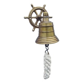 Sea-Club Bell with Steering Wheel Wall Mount Antique Brass Diameter 6 cm