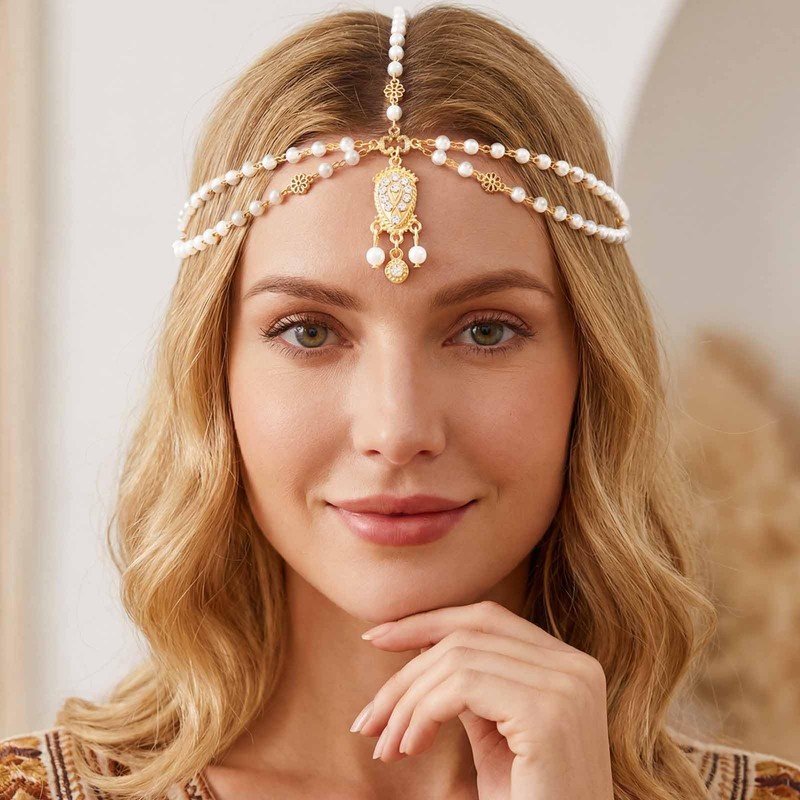 Yokawe Bohemian Beaded Head Chain,Turquoise Pearl Headpiece,Festival Hair Accessory (White)