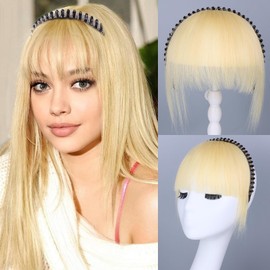 G&T Hair Clip in Bangs Platinum Blonde Human Hair Wispy Bangs Fringe with Rhinestone Band Age reducing styling Hairpieces for Women Clip on Air Bangs (Platinum Blonde)