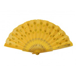 Feng Shui Import Colorful Peacock Pattern Sequin Fabric Hand Fan (Yellow)